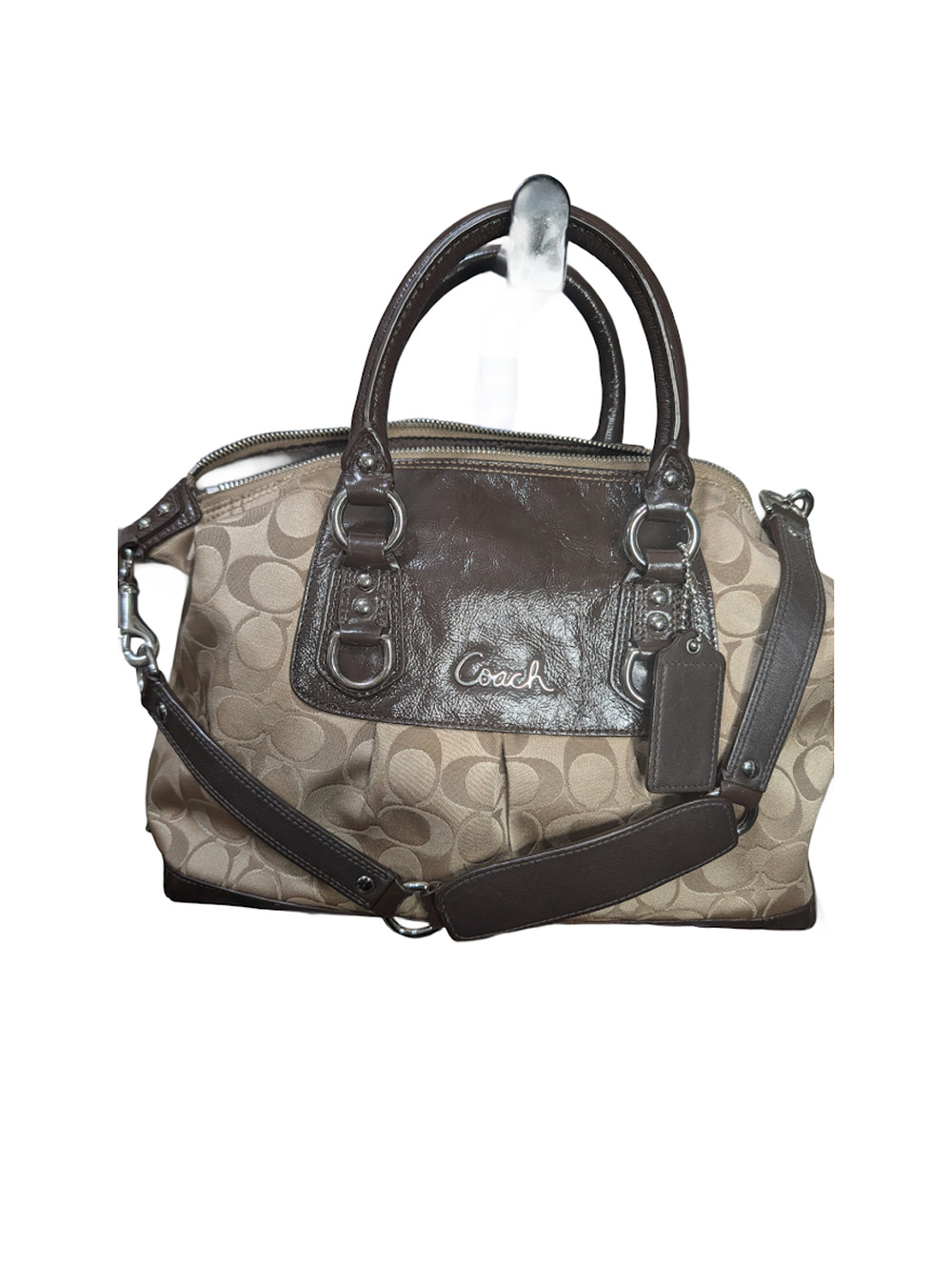 Coach Ashley Signature Satchel - Khaki Canvas Brown Leather